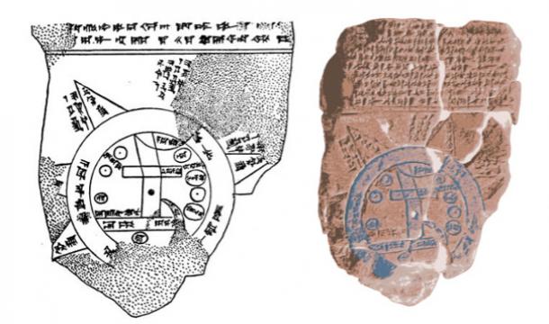 Left; Drawing by B. Meissner in Babylonien und Assyrien, 1925. Right; Babylonian Map of the World with false color.