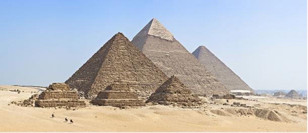 The three main Egyptian pyramids at Giza, together with subsidiary pyramids and the remains of other ancient structures