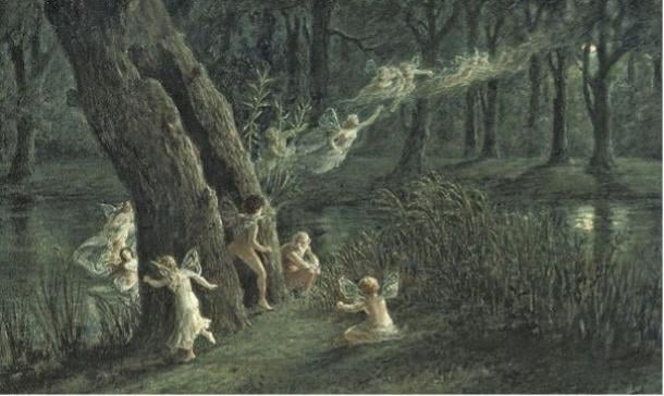 Woodland fairies dancing in the moonlight.