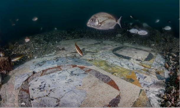 The recently restored portion of the marble floor of the villa in the submerged park of Baia, Bacoli, Italy. Source: Edoardo Ruspantini/ Parco Archeologico Campi Flegrei