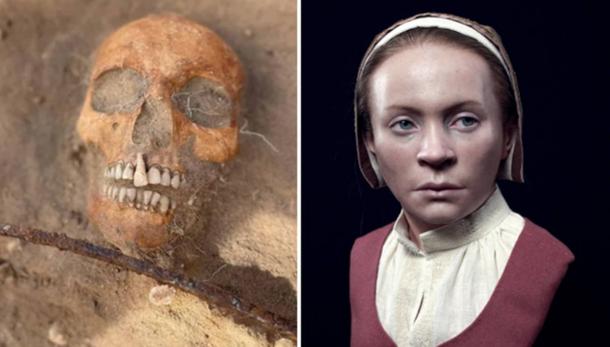 Left; Skull and sickle of skeleton found in 2022. Right; Reconstruction of the woman’s face, by Oscar Nilsson.