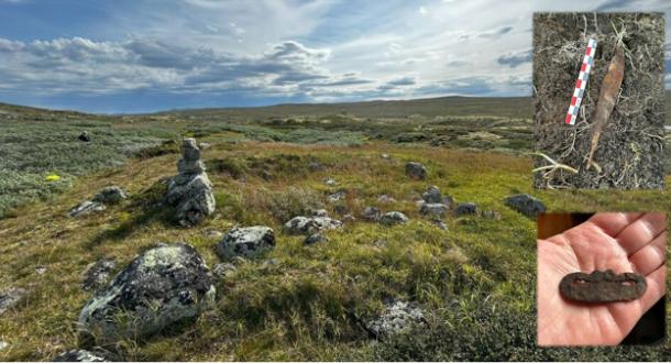 The foundation of an old hut near a hiking trail in Holmetjønn, Hardangervidda, Norway. 