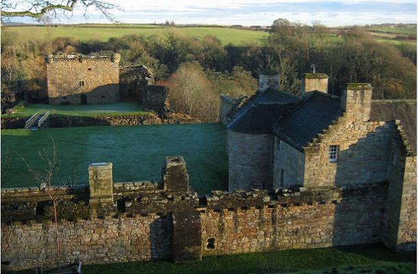 Aerial view of Craignethan Castle in South Lanarkshire, Scotland