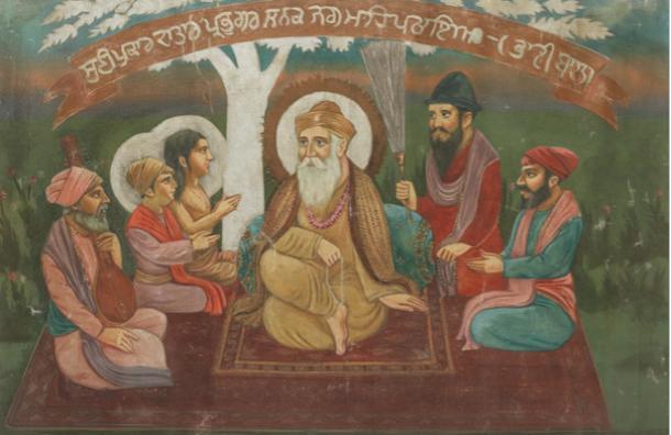 Painting of Guru Nanak seated beneath a tree with his two sons (Sri Chand and Lakhmi Das), Bhai Mardana, Bhai Bala, and possibly Bhai Lehna (future Guru Angad). 