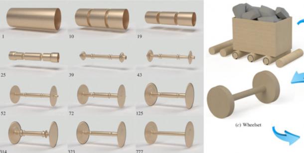 : Images show progression of the wheelset design during execution of the topology optimization algorithm in this study