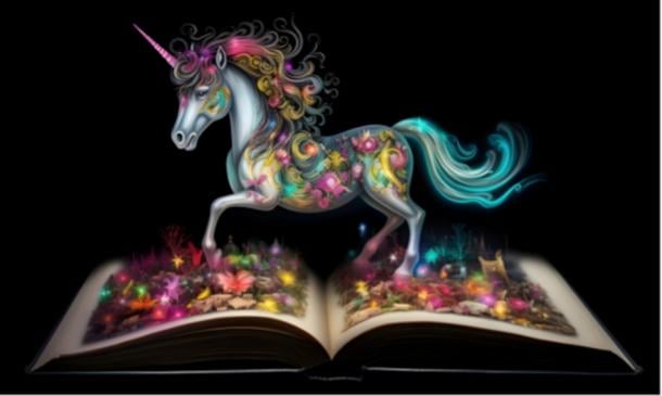 A unicorn coming out of a bible.