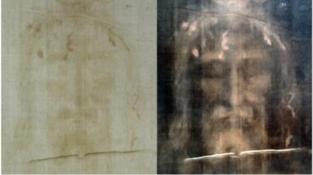 The Shroud of Turin: modern, digitally processed image of the face on the cloth. 