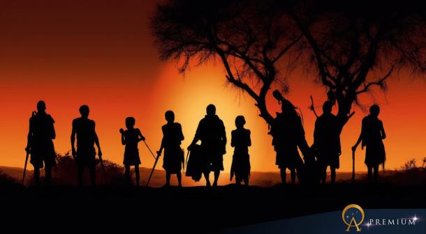 Silhouettes of African aborigines at sunset.