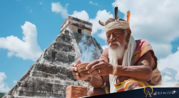 AI image of a South American man preparing for a traditional ceremony at an Aztec pyramid.