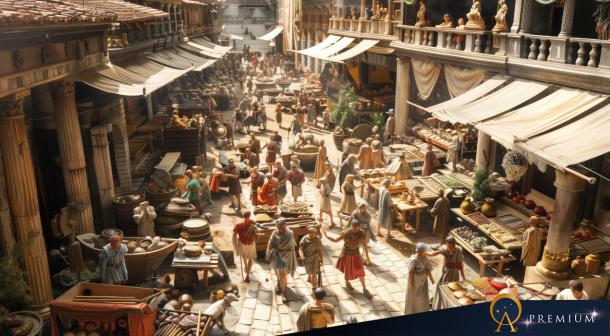 Bustling Roman marketplace.