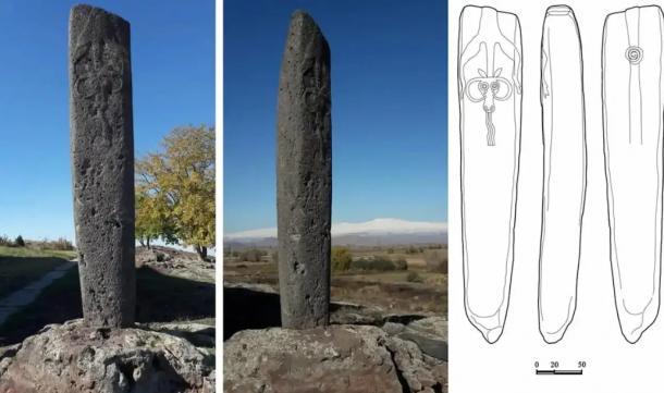 Photo of the dragon stone of Lchashen 1 (erected at the entrance of the Metsamor Historical-Archaeological Museum Reserve) and its drawing on the right. 