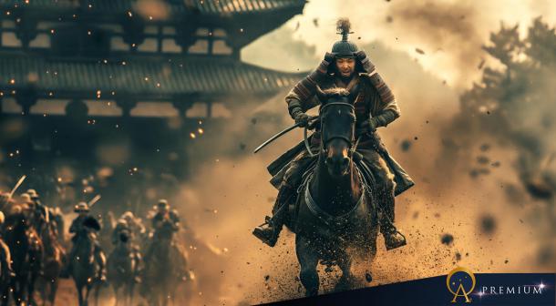 AI image of Japanese samurai riding a horse in battle. 