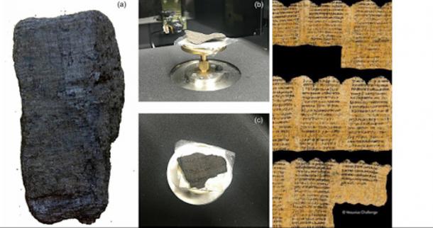Left; Photos of the papyrus fragments, Right; Text from the Herculaneum scroll.