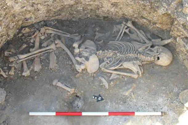 The iron age lady remains found in Dorset, England, was found lying on carefully arranged animal bones. Source: Bournemouth University