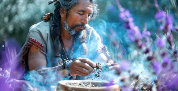 AI image of male shaman using herbal medicine for spiritual healing and sacred rituals.