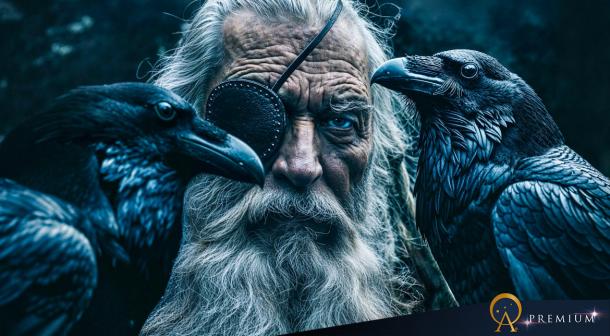 Odin with his two ravens, Huginn and Munninn.