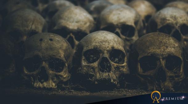 AI image of skulls in a catacomb.