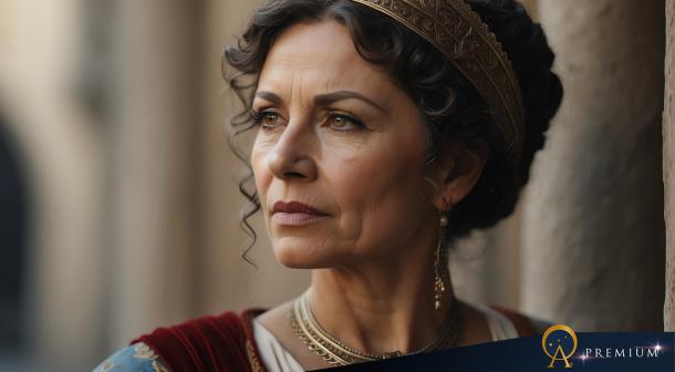AI portrait of a beautiful middle aged Roman woman.