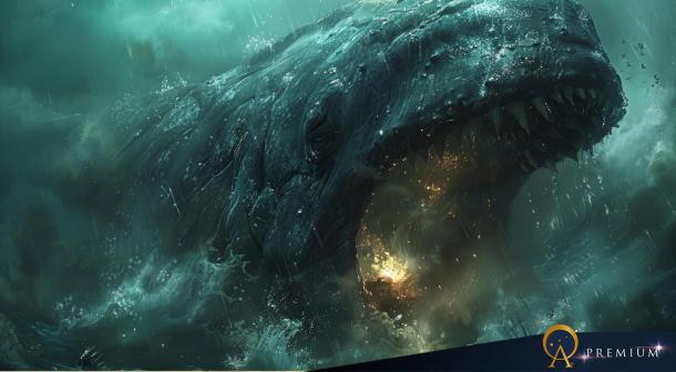 AI image of giant sea monster rising from the depths of the ocean.