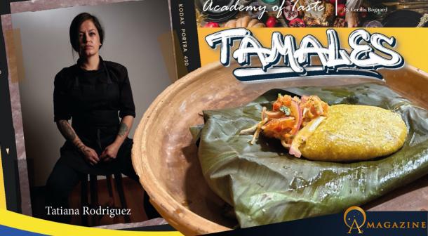 Composite image showing Tatiana Rodríguez from La Chichería in Cuenca, Ecuador, and images from her recipe for Tamales taken by Cecilia Bogaard.