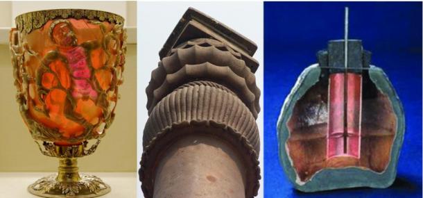 Ancient Technologies. Right: The Lycurgus Cup. Center: Iron Pillar of Delhi, Left: Replica of the Baghdad Battery.