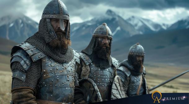 AI image of Slavic male warriors in chain mail.