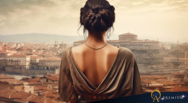 AI image of ancient Greek woman looking over the city