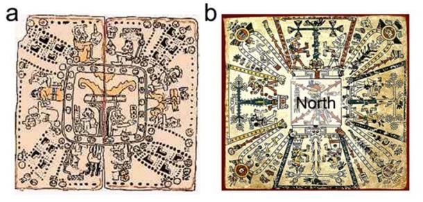 gura 1. Mapas de cosmovisión que muestran las ocho particiones de la cuadrícula global.  (a) Cosmograma maya del Codex Madrid.  En el centro está el Árbol de la Vida, el eje polar, que está rodeado por ocho deidades y varios signos calendáricos que definen sus cualidades espirituales.  (b) Cosmograma azteca del Codex Fejérváry-Mayer con una deidad central en el norte desde la cual se proyectan los Árboles de la Vida en ocho direcciones diferentes.