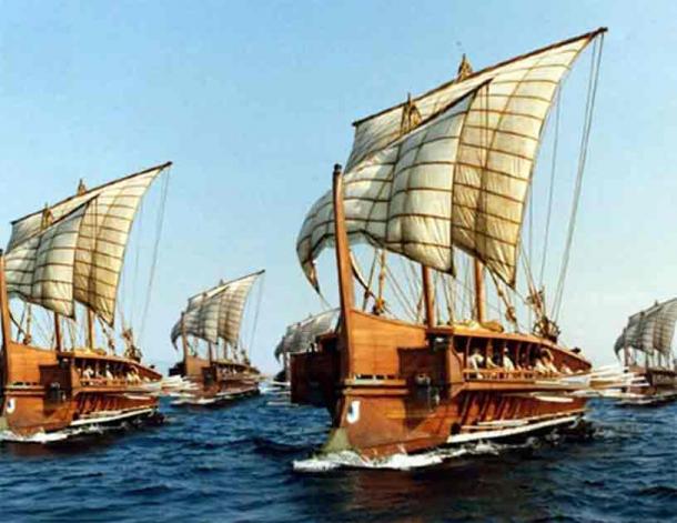 Fleet of triremes based on the full-sized replica Olympias (Public Domain)