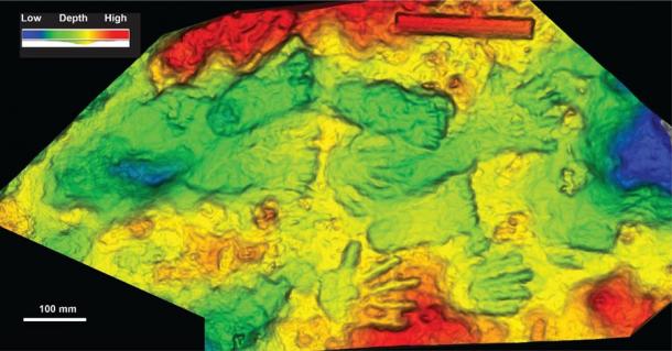 A 3D model of the hand and footprints found on the Tibetan Plateau left behind by children somewhere between 169,000 and 226,000 years ago. This would absolutely mean these prints are the oldest prehistoric art in the world (so far). (ScienceDirect)