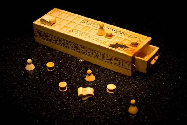 A game box and pieces for playing the game of Senet found within the intact KV62 tomb of King Tutankhamun.