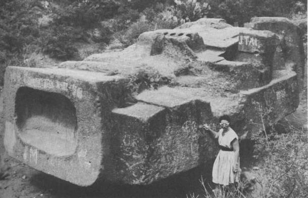 The great monolith of Coatlinchan still in the quarries, before its removal and transportation to Mexico City.