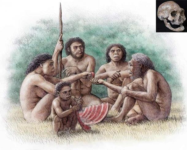 A group of Homo erectus sharing food with an old and toothless individual who lived several years without teeth, an altruistic behavior associated with the early humans discovered at Dmanisi. (Mauricio Antón / Nature)