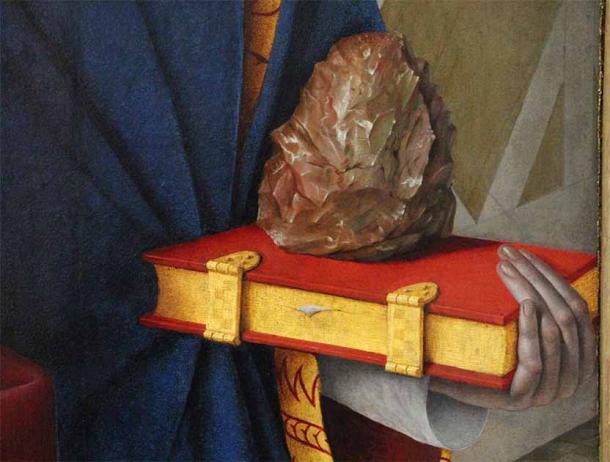 Close-up detail of the hand-axe like object in Jean Fouquet's "Étienne Chevalier with Saint Stephen," left panel of "The Melun Diptych" (circa 1455) by Jean Fouquet. (Yorck Project/Public Domain)