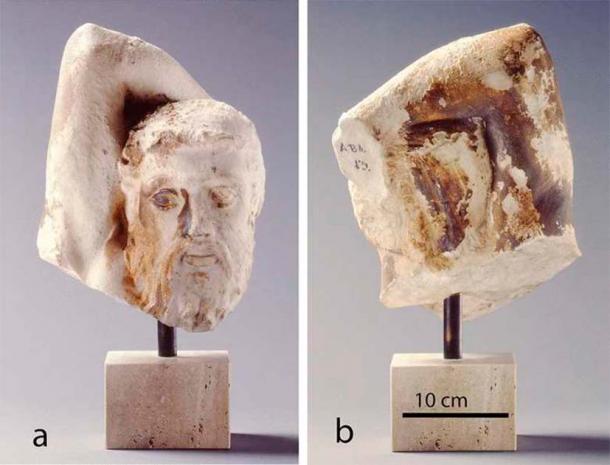 The centaur head at the National Museum in Copenhagen. a: front view; b: rear view. The brown stains are clearly visible. (Courtesy of The National Museum of Denmark/Heritage Science Journal)