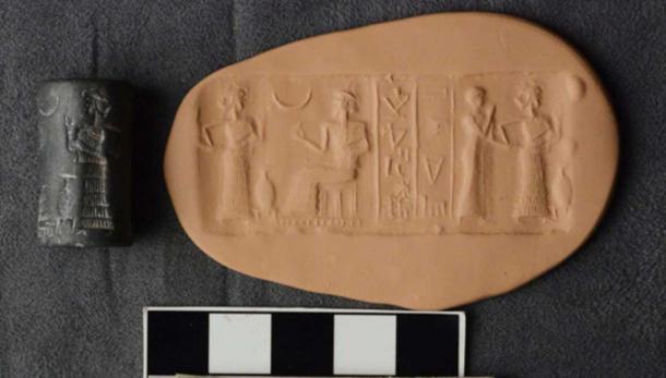 A hematite cylinder seal, Sumerian, 2112-2004 BC. 