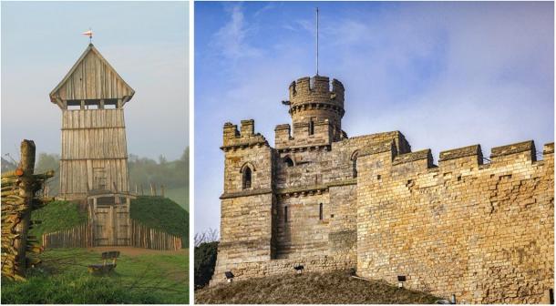 Left: Reconstructed wooden keep at Lütjenburg, Germany, to show what they would have looked like. (Public domain). Right: Lincoln Castle, UK, built in the 11th century by William the Conqueror on the site of existing Roman fortifications. (Colin & Linda McKie / Adobe stock)