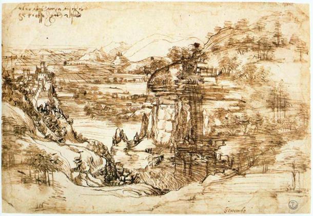 Peisajul din Valea Arno de Leonardo Da Vinci (1473).  (Domeniu public)