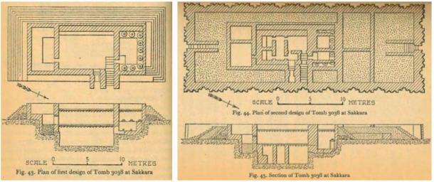 A la izquierda, dibujo de la primera versión de Mastaba S3038 en Saqqara, construida bajo el gobierno del faraón Anedjib o Nebetka, que muestra una estructura de mastaba escalonada distintiva y sin precedentes. Derecha, dibujo de la segunda etapa de Mastaba S3038 en Saqqara, construido sobre la estructura escalonada anterior, que se mantuvo intacta dentro de la estructura posterior. Probablemente representaba el mágico montículo primitivo de la resurrección, pero en forma escalonada. (Ambas figuras de Emery, Walter B., Archaic Egypt, Penguin Books, Gran Bretaña, 1961 / Archive.org)