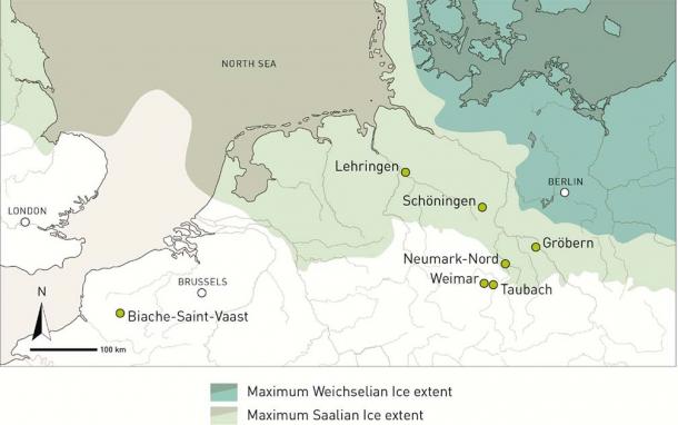 The locations Neanderthal mammoth hunt of Neumark-Nord, Gröbern, Taubach, and other sites of the northern European plain are indicated in relation to the maximum extents of the Saalian and Weichselian glaciers. (Sabine Gaudzinski-Windheuser/Lutz Kindler/PNAS)