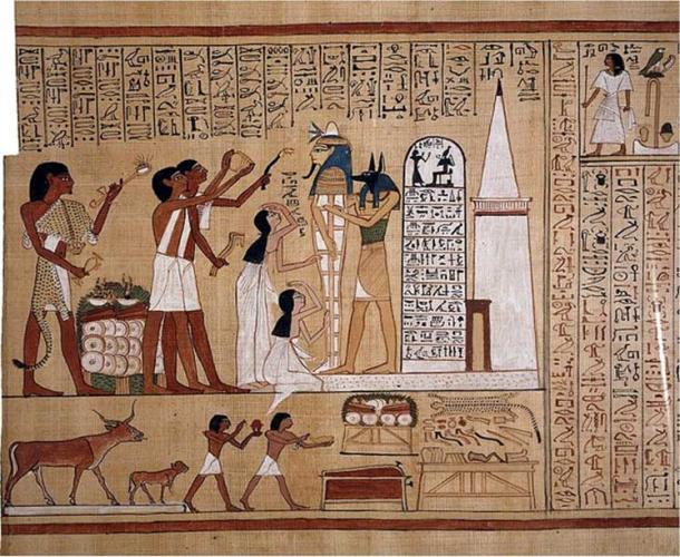 The mummy of Hunefer is shown supported by the god Anubis (or a priest wearing a jackal mask). Hunefer's wife and daughter mourn and three priests perform rituals including the Opening of the Mouth ritual. The lower scene has a table bearing the various implements needed for the ritual and animals being led to sacrifice.