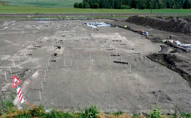 An overview picture of the extraordinary house. Poles have been placed in the post holes. This is, however, only a small part of the house according to the archaeologists. (Museum of Cultural History)