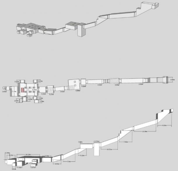 Images of the plan of the KV57 tomb belonging to Horemheb, made ​​from a three-dimensional model.