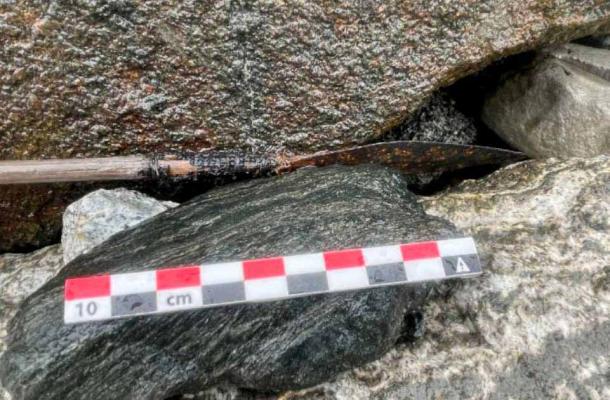 The projectile end of an Iron Age arrow previously found lodged between stones on the lower edges of Norway’s Langfonne ice path. (Secrets of the Ice)