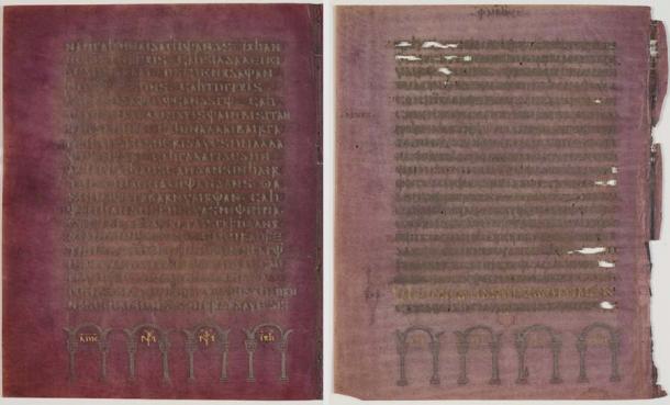 Calitatea manuscrisului Codex Argenteus este clar evidentă.  Pergamentul mov este acoperit cu cerneală argintie și aurie.  (Magnus Hjalmarsson - Biblioteca Universității Uppsala / Domeniu Public)