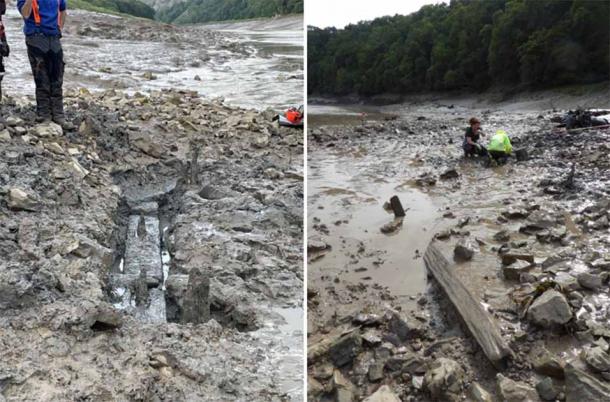 Two of the timber remnants, thought to be from a Roman crossing of the River Wye, between what is now the border of England and Wales. (Simon Maddison/CAS)