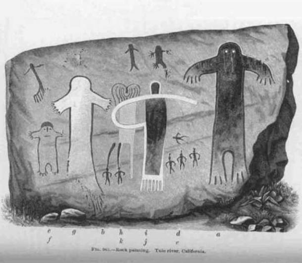 A reproduction of the Yokut petroglyphs at Painted Rock, seemingly depicting a cryptid Bigfoot family. (Public Domain)