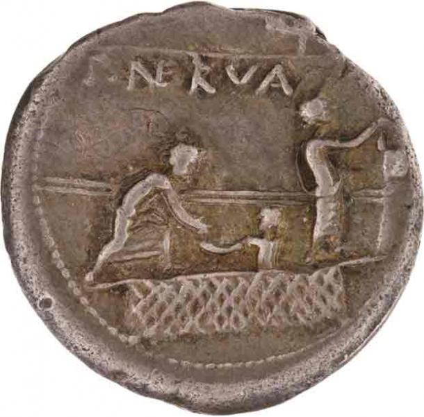 Reverse of a Roman silver coin minted by P. Nerva, circa 113 BC. (American Numismatic Society)