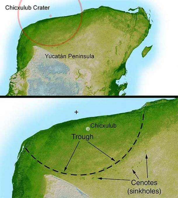 This shaded relief image of Mexico's Yucatan Peninsula shows the subtle, but unmistakable Chicxulub cosmic impact crater. Most scientists now agree that this cosmic impact event was the cause of the Cretaceous-Tertiary Extinction, the event 65 million years ago that marked the sudden extinction of the dinosaurs as well as the majority of life on earth at the time. (NASA / Public domain)