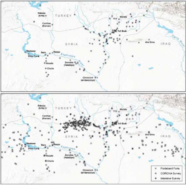 Map showing distribution of forts as discovered by Poidebard. (Casana et al. Antiquity Publications Ltd)